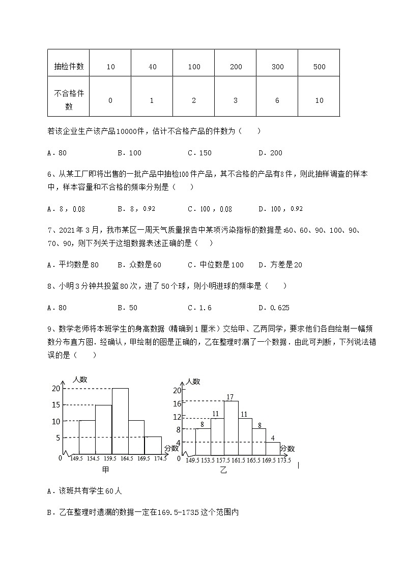 2021-2022学年基础强化京改版八年级数学下册第十七章方差与频数分布定向攻克试题(含解析)第2页