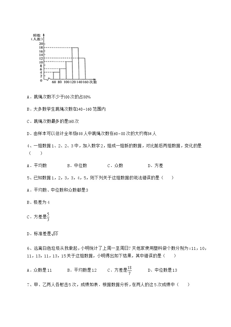 2022年强化训练京改版八年级数学下册第十七章方差与频数分布专项练习试题（含答案及详细解析）02