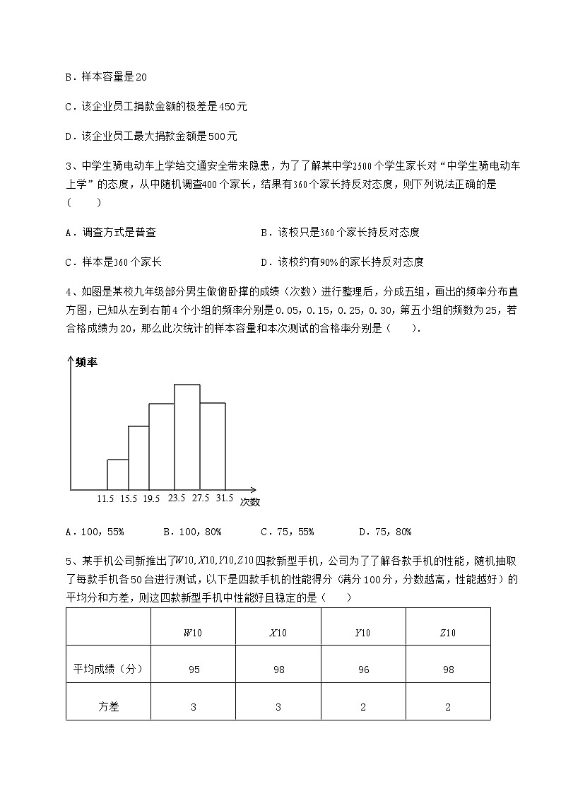 2022年最新京改版八年级数学下册第十七章方差与频数分布专项攻克试题(含解析)第2页