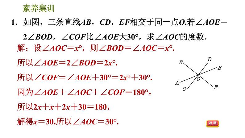 北师版七年级下册数学 第2章 素养集训 1.相交线、平行线中角的计算的四种常见题型 习题课件第3页