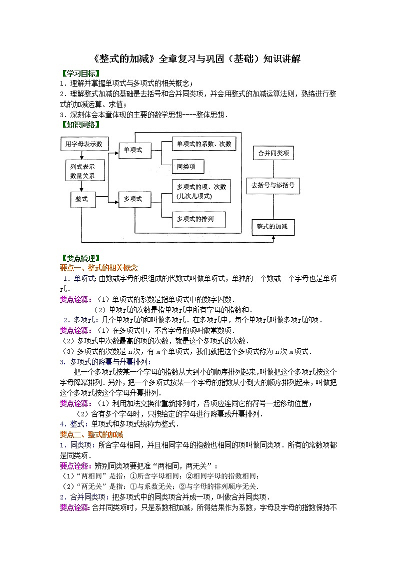 20《整式的加减》单元复习与巩固(基础)知识讲解第1页