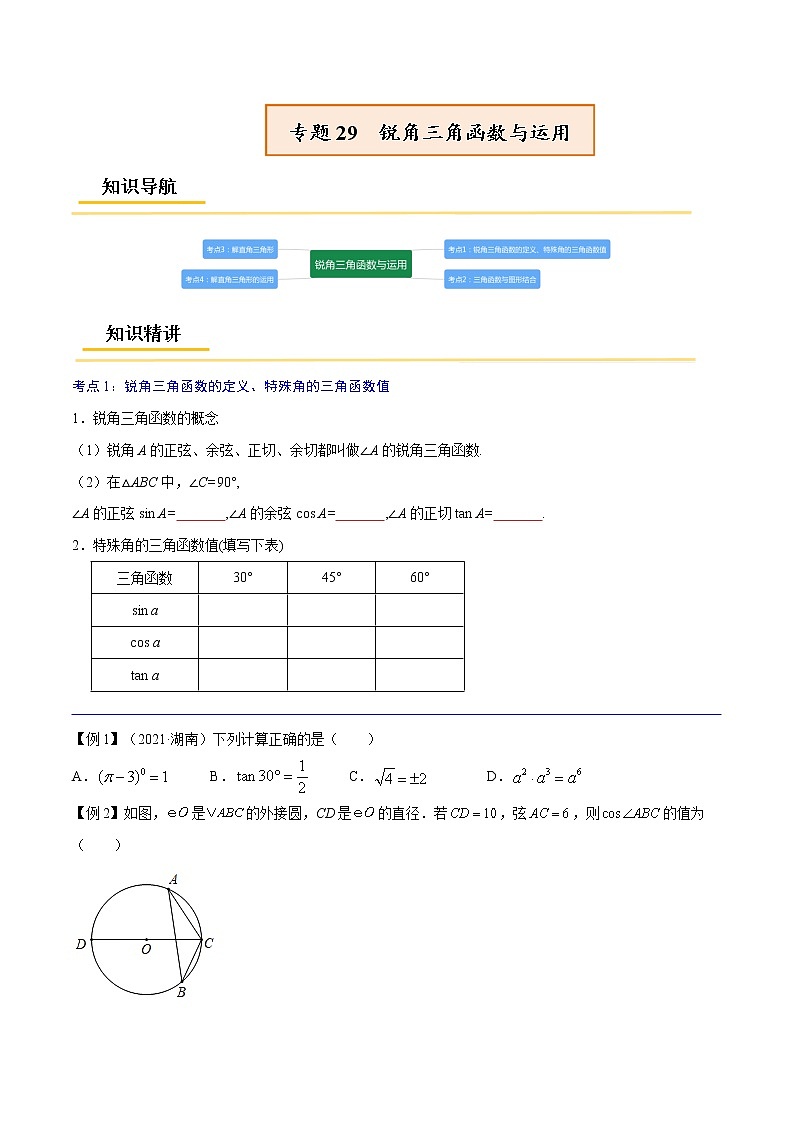 专题29 锐角三角函数与运用【考点精讲】-【中考高分导航】备战2022年中考数学考点总复习(全国通用)(原卷版)第1页