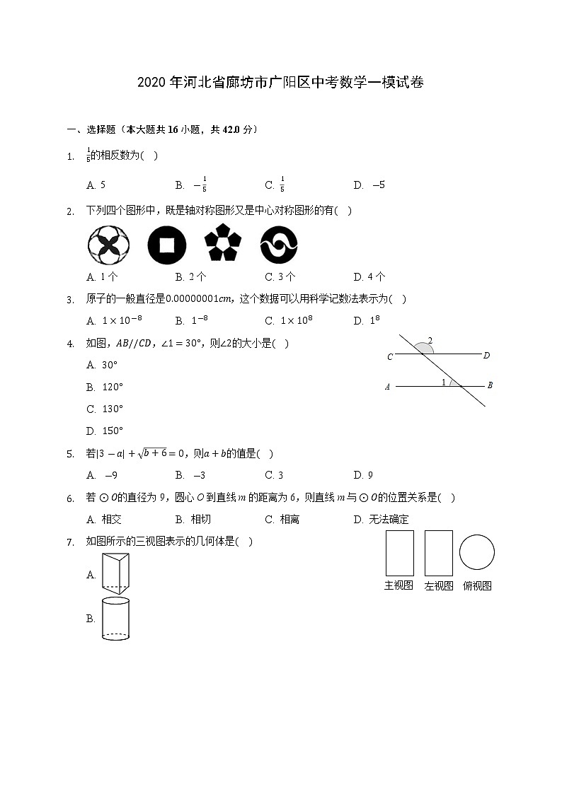 2020年河北省廊坊市廣陽區(qū)中考數(shù)學(xué)一模試卷(含答案解析)第1頁