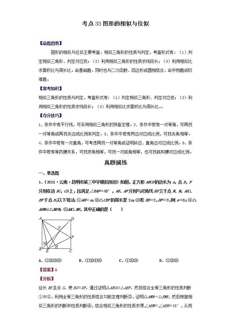 考点33图形的相似与位似(解析版)-2022年数学中考一轮复习考点透析(北师大版)第1页