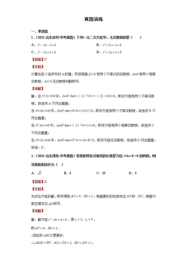 考点06一元二次方程(解析版)-2022年数学中考一轮复习考点透析(华师大版) 试卷02