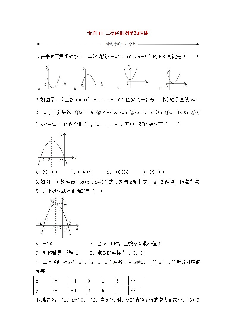 中考数学一轮复习20分钟测试专题11《二次函数图象和性质》(学生版)第1页