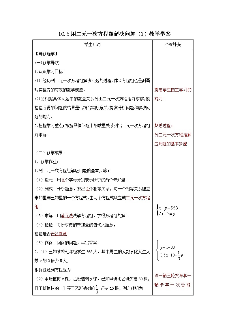 10.5 用二元一次方程组解决问题(1)教学学案第1页