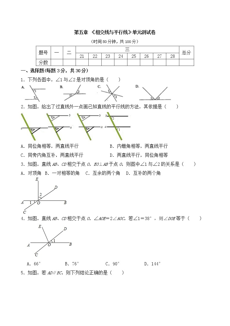 人教版 七年级数学 下册 第五章 《相交线与平行线》单元同步测试卷（含答案）(8)01