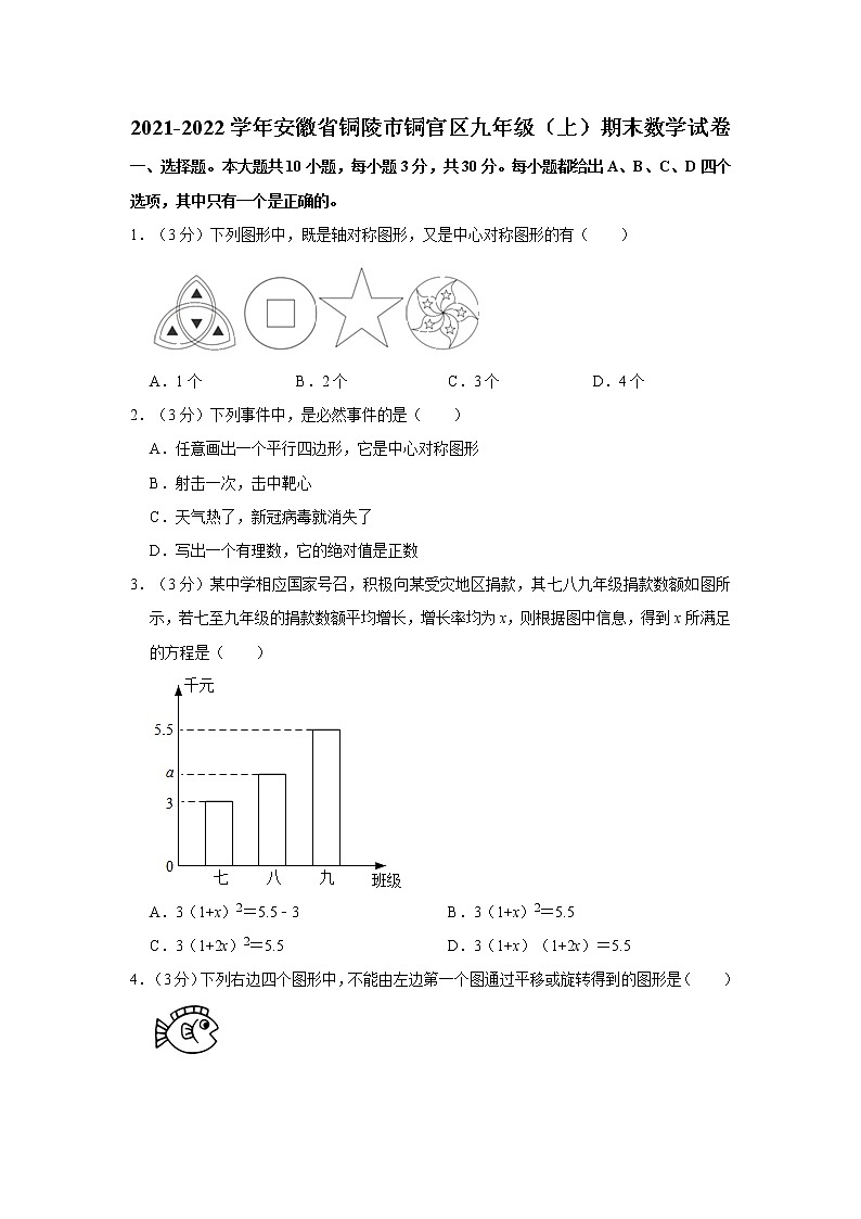 2021-2022学年安徽省铜陵市铜官区九年级(上)期末数学试卷 word,解析版第1页