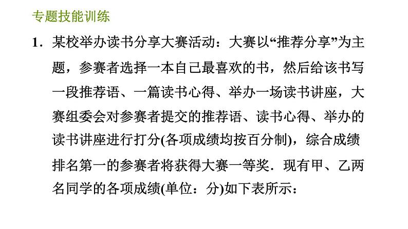 湘教版七年级下册数学 第6章 专题技能训练(六) 【训练 平均数、中位数、众数与方差的计算及应用】 习题课件第3页