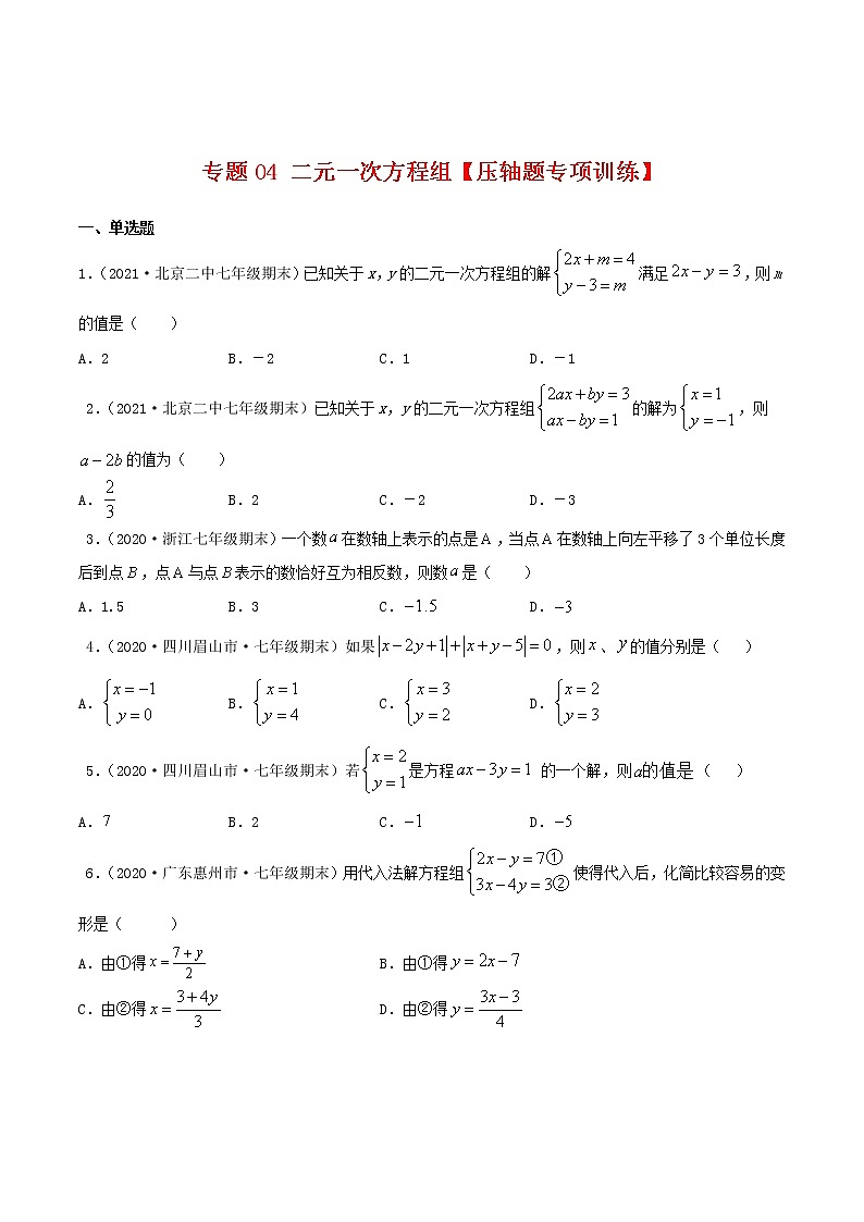 专题04 二元一次方程组【压轴题专项训练】-2021-2022学年七年级数学下学期期末专项复习(人教版)(原卷版)第1页