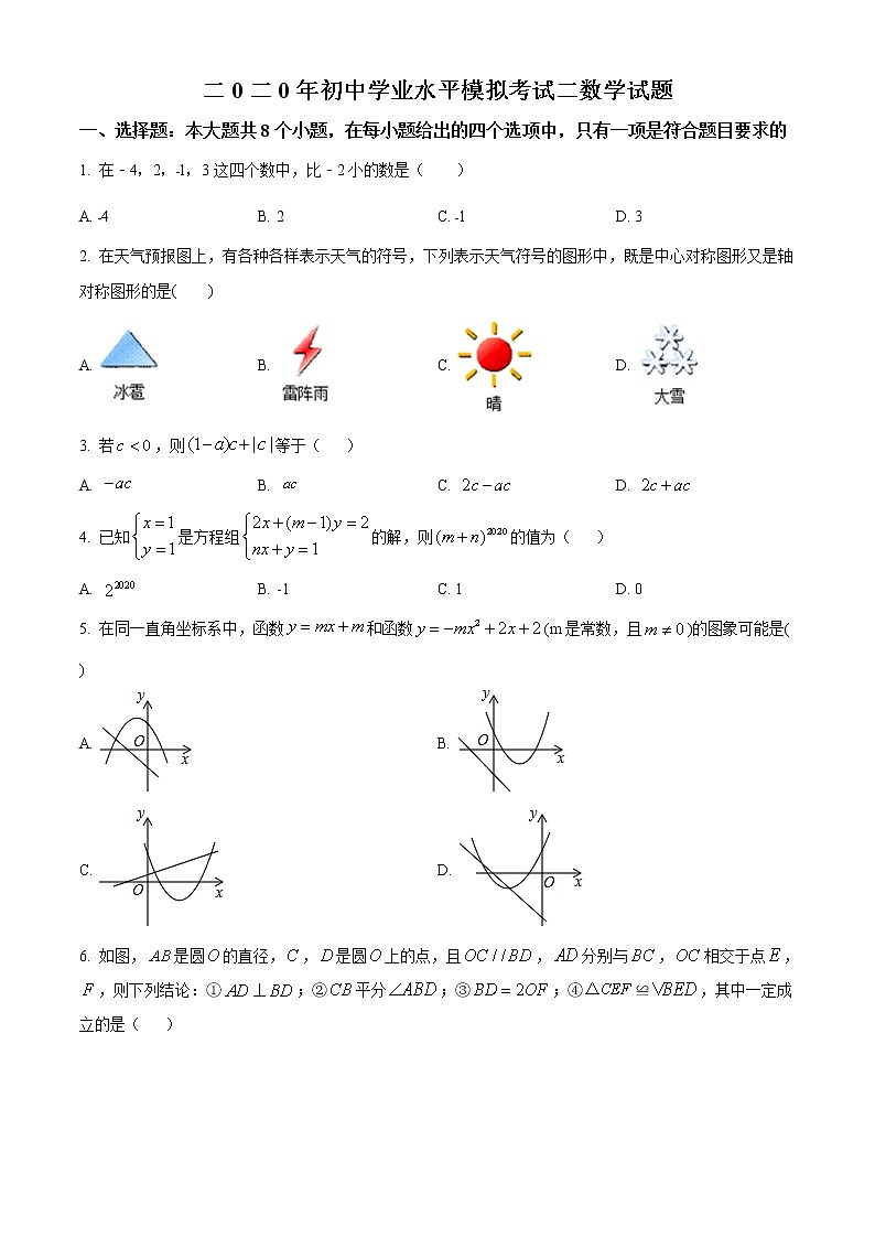 精品解析:2020年山东省菏泽市东明县九年级中考二模数学试题(解析版+原卷版)01