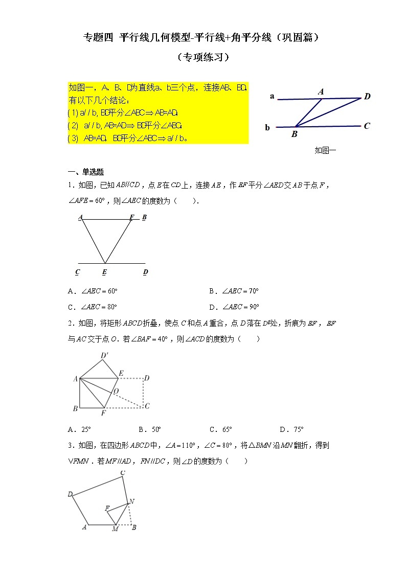 2021-2022学年七年级数学下册基础知识专项讲练(人教版)专题四 平行线几何模型-平行线+角平分线(巩固篇)(专项练习)学案01