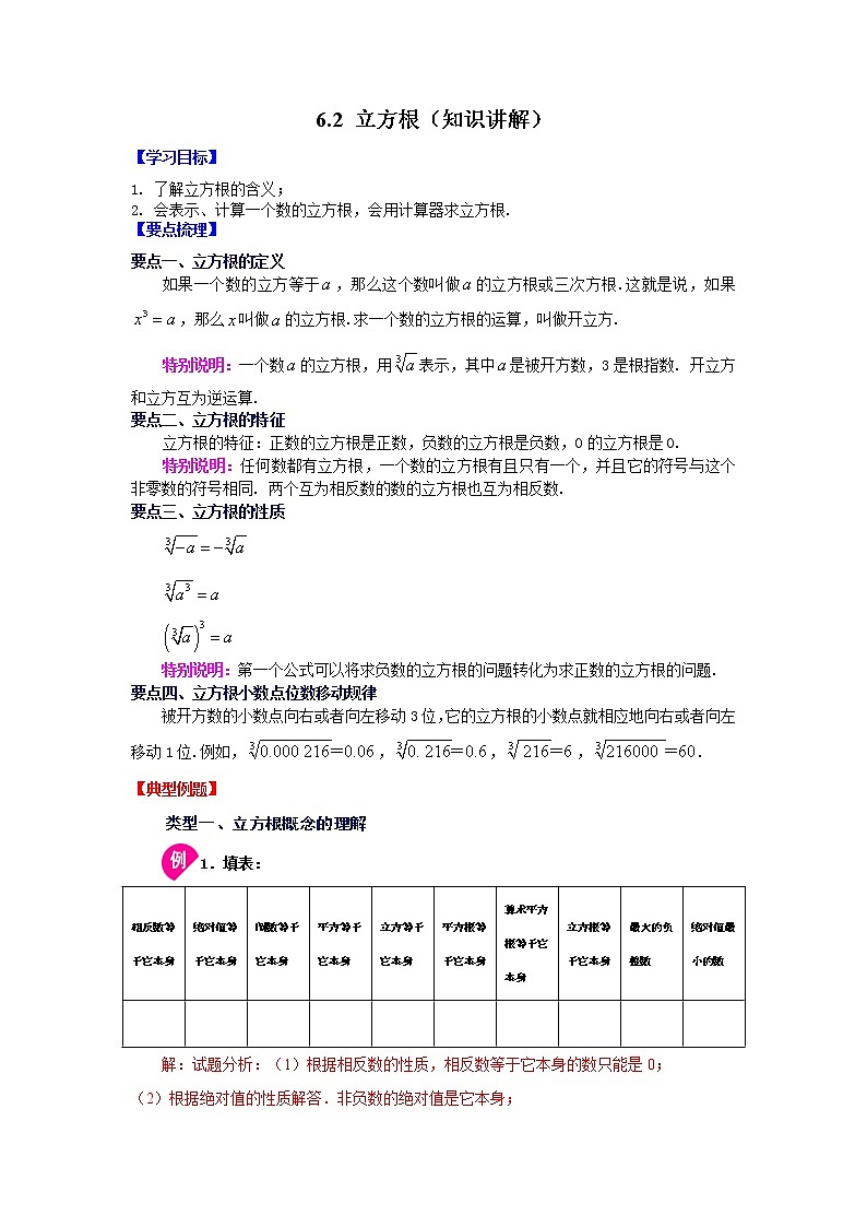 2021-2022学年七年级数学下册基础知识专项讲练(人教版)6.2立方根(知识讲解)学案01