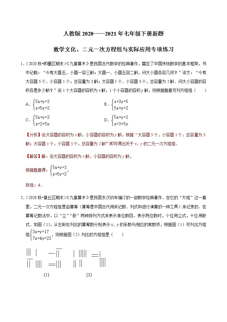 考点09 数学文化、二元一次方程组与实际应用专项练习(解析版)第1页