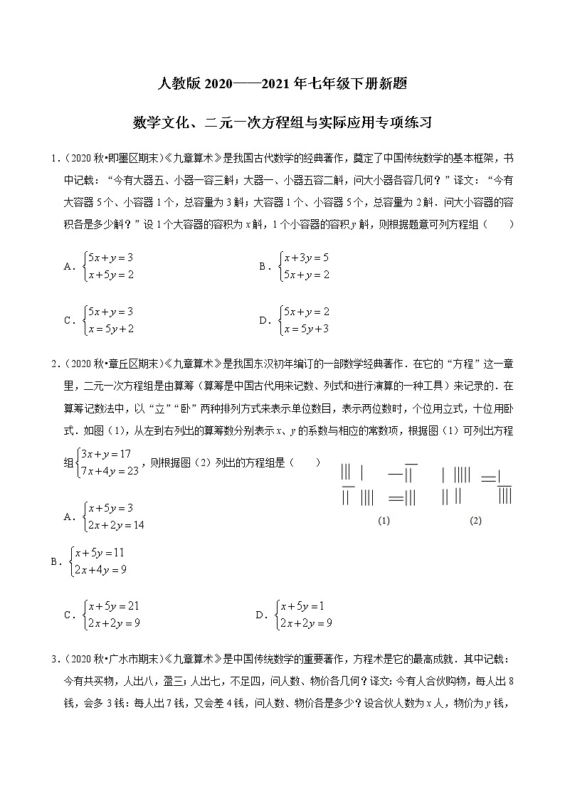 考点09 数学文化、二元一次方程组与实际应用专项练习(原卷版)第1页