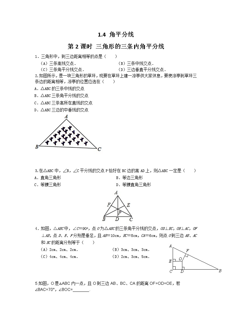 北师大八下数学 1.4 第2课时 三角形的三条内角平分线(无答案)练习题第1页
