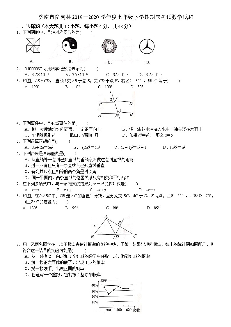 2020年山东省济南市商河县七年级下期末考试数学试题+无答案第1页