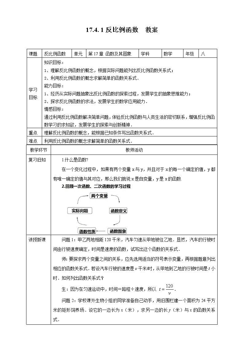 17.4.1反比例函数(课件+教案+练习+学案)01