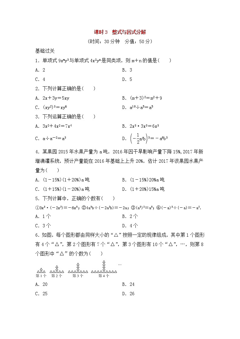 (通用版)中考数学总复习基础过关03《整式与因式分解》作业过关卷(含答案)01