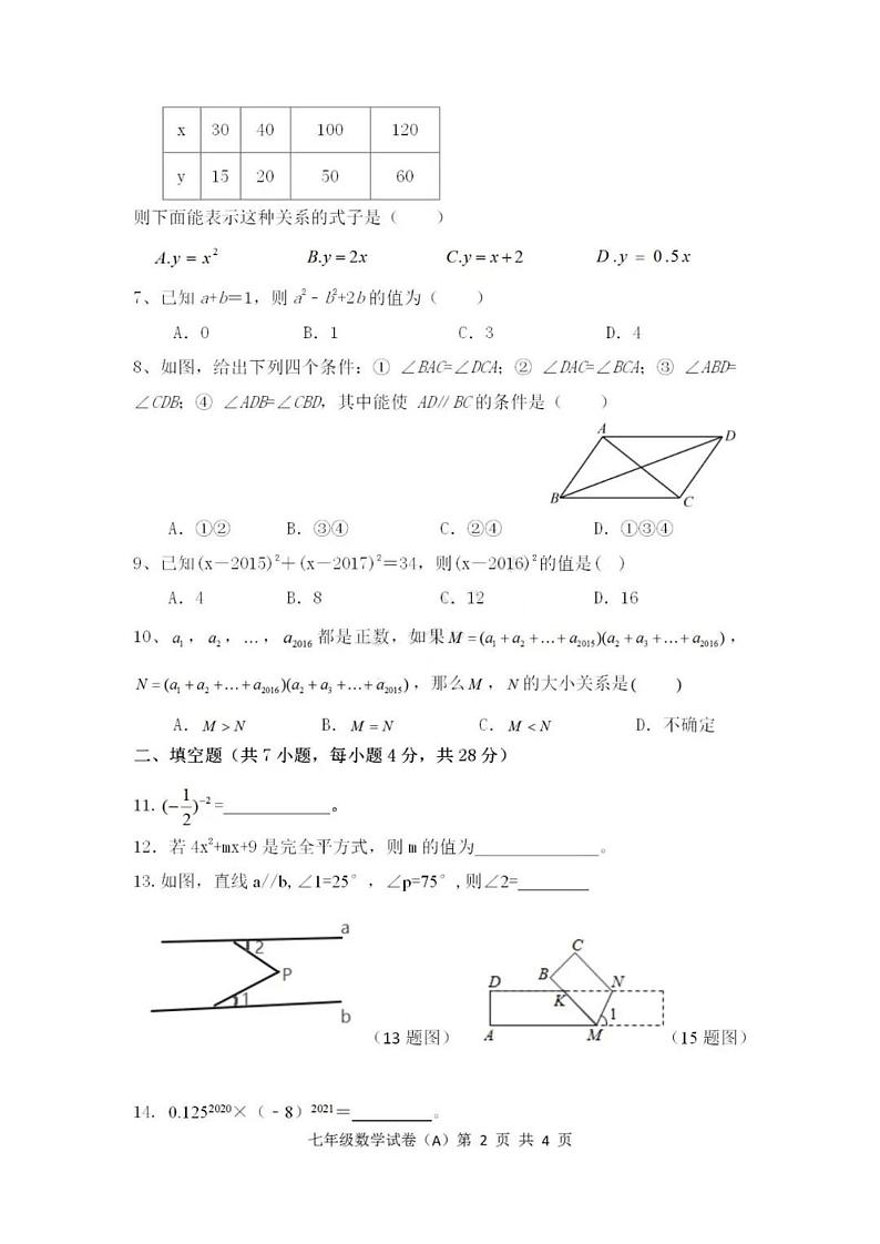 广东省茂名市直学校2020-2021学年度第二学期第五周月考(七年级数学试卷A)第2页