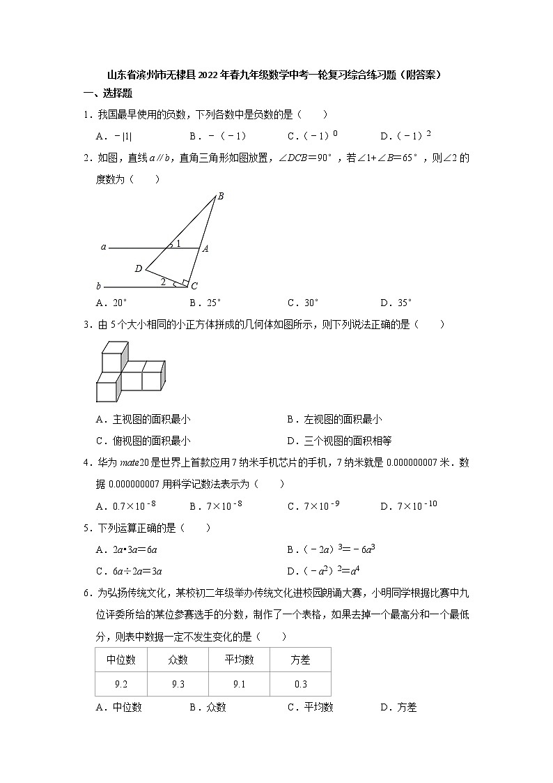 2022年 山东省滨州市无棣县 九年级数学中考一轮复习综合练习题(word版含答案)第1页