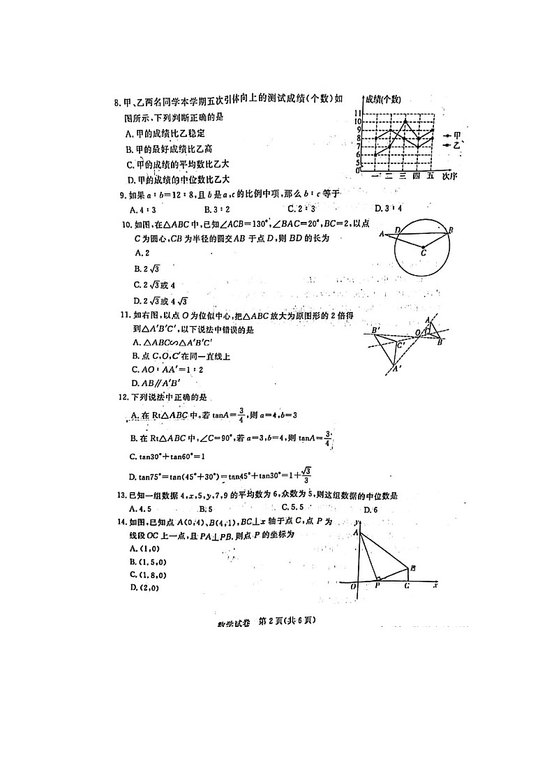 2022年河北省初中毕业生升学文化课模拟考试数学试卷(图片版含答案)第2页