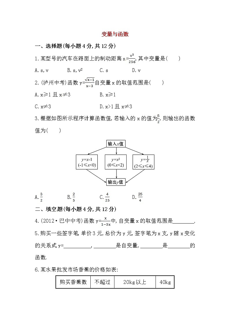 八年级数学下册知识点汇聚测试卷:变量与函数(含详解)01