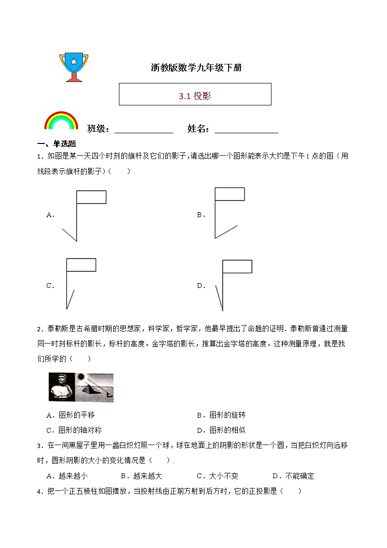 浙教版数学九年级下册3.1投影练习试题(原卷版)第1页