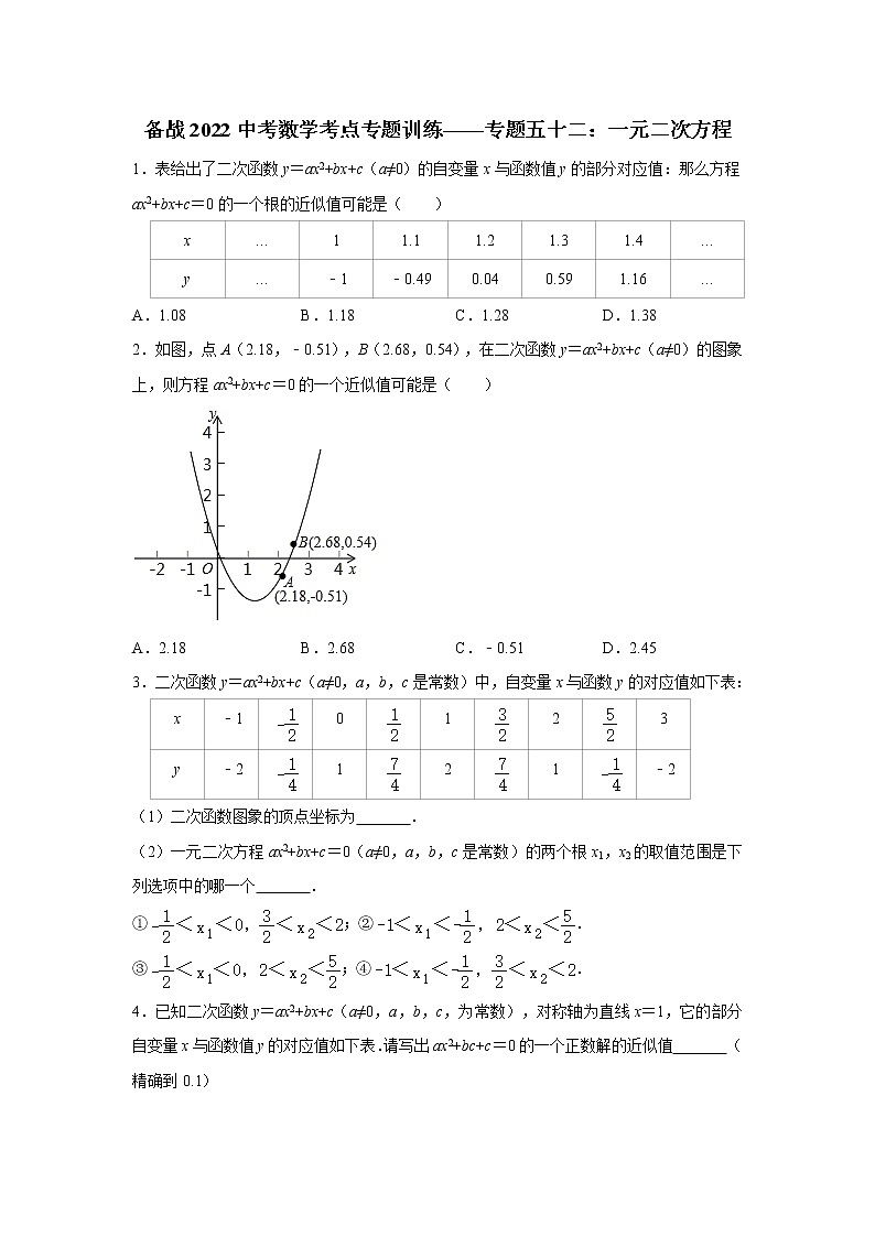 2022年九年级中考数学考点专题训练——专题五十二:一元二次方程(含答案)第1页
