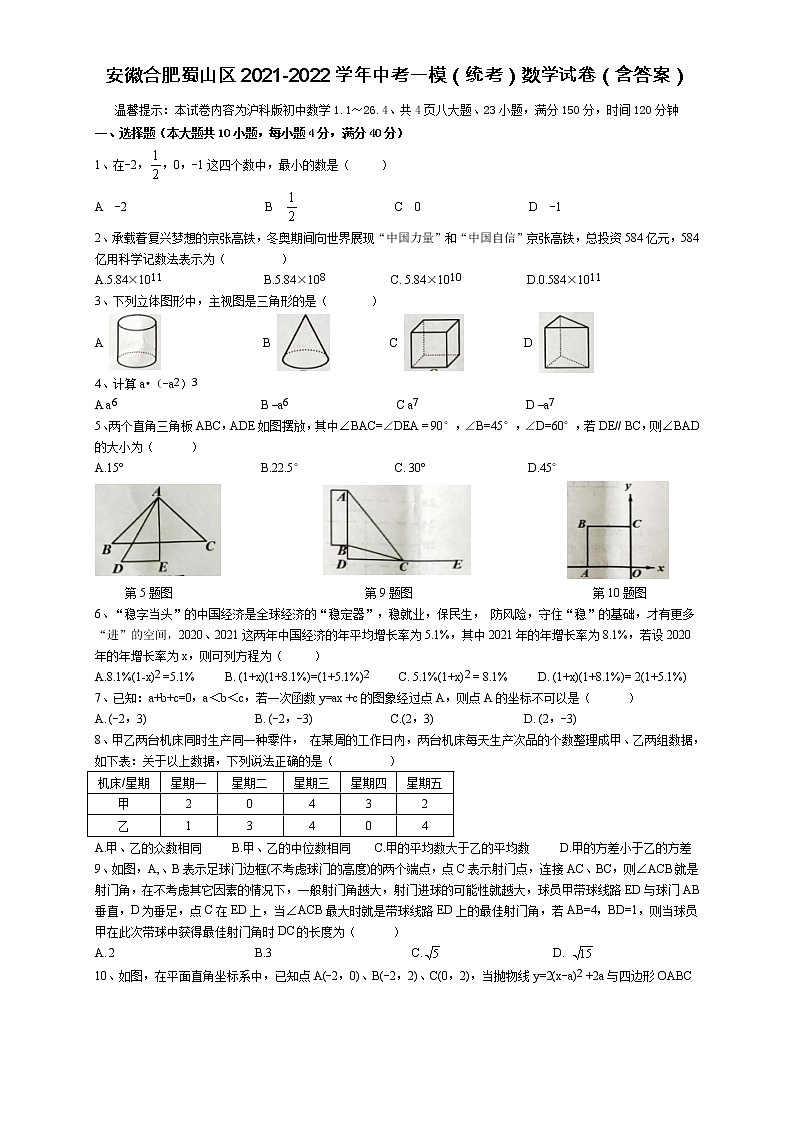 安徽省合肥市蜀山区2021-2022学年下学期中考一模(统考)数学试卷(word版含答案)第1页