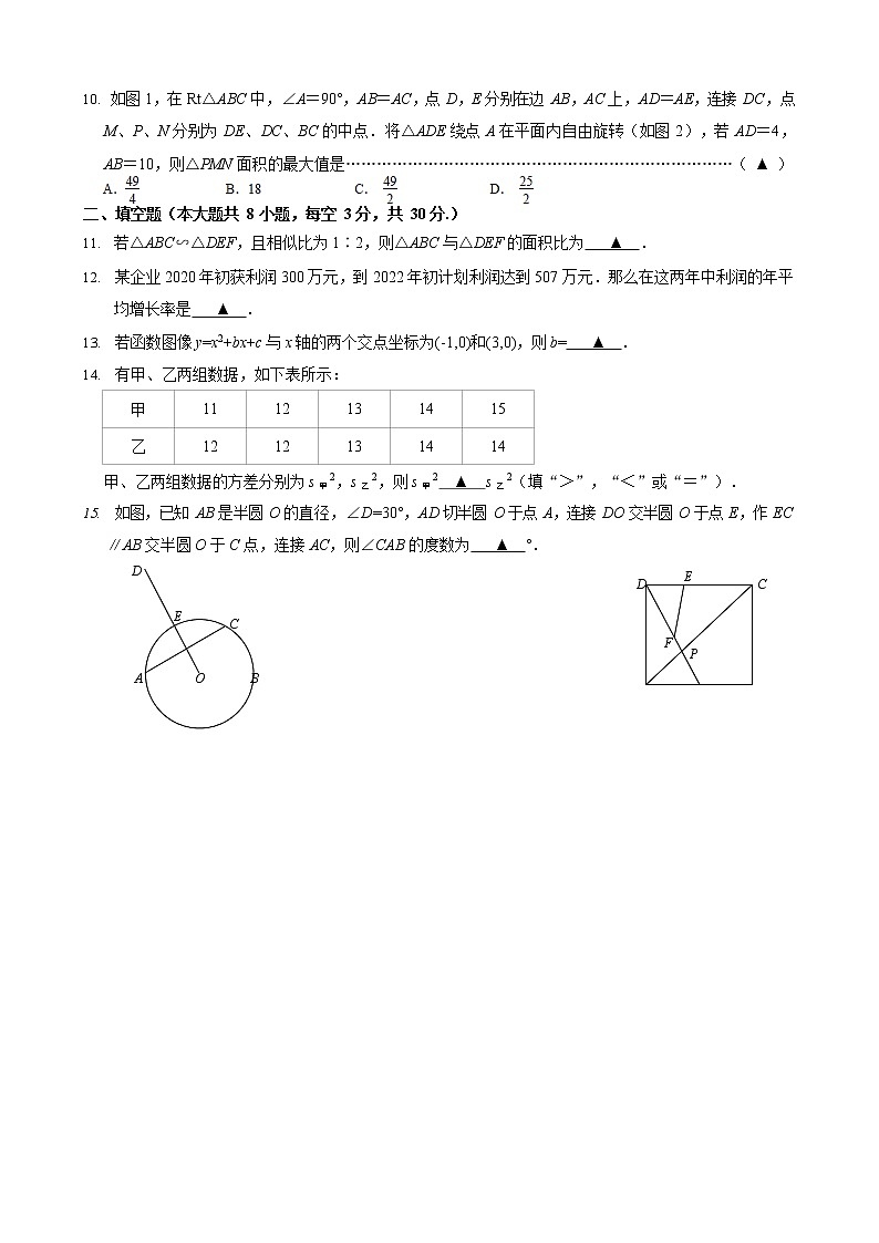 2022年江苏省无锡市积余实验学校九年级数学一模试卷(word版无答案)第2页