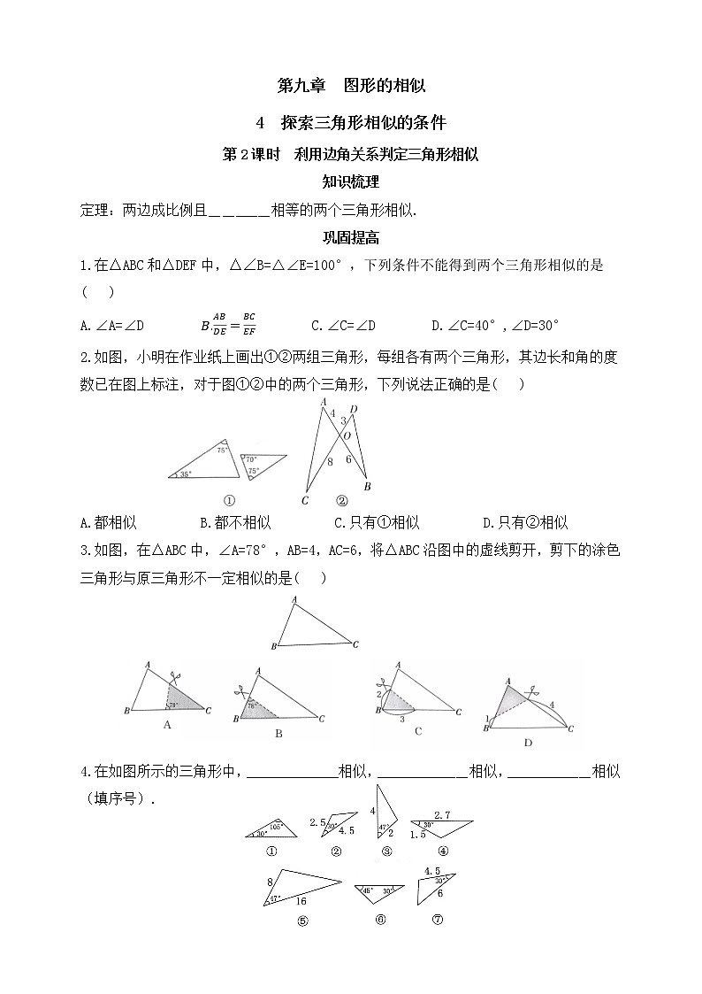 鲁教版 (五四制) 八年级下册 9.4.2 利用边角关系判定三角形相似同步练习(含答案)01