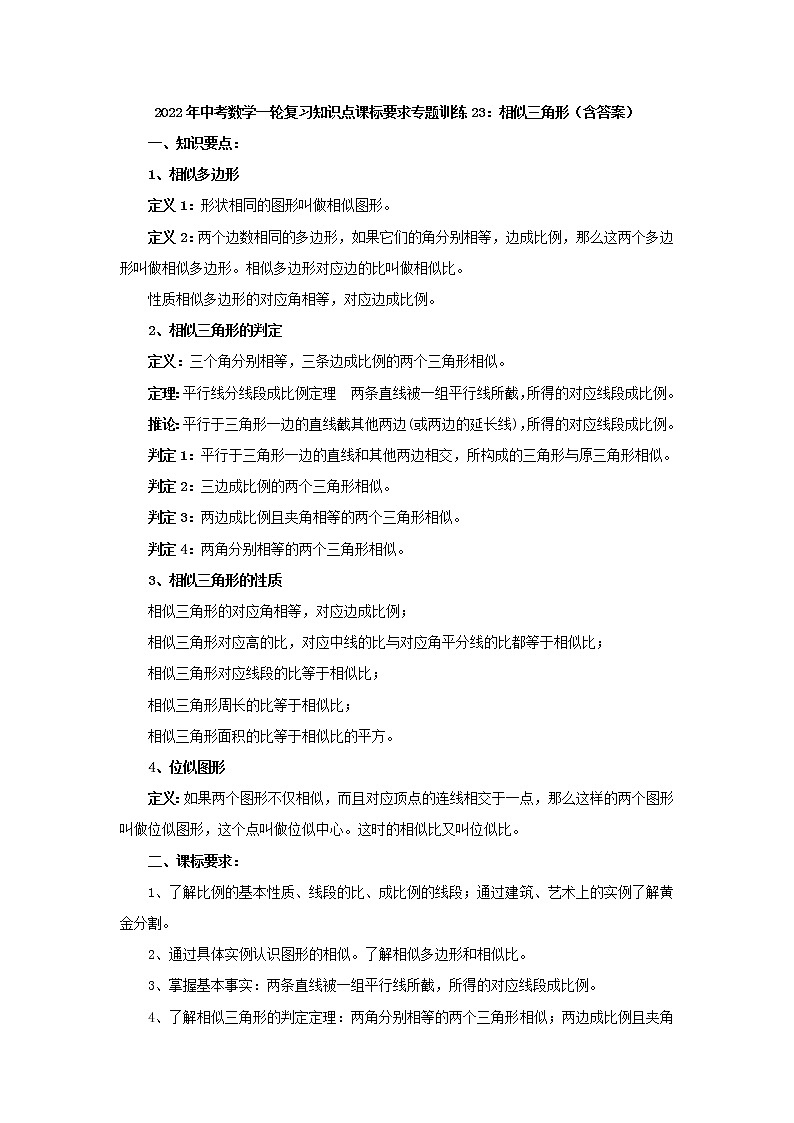 专题训练23:相似三角形-2022年中考数学一轮复习知识点课标要求(含答案)01