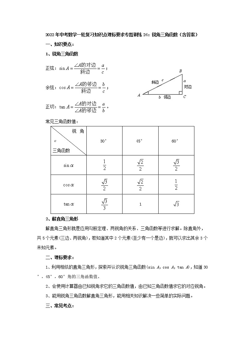 专题训练24:锐角三角函数-2022年中考数学一轮复习知识点课标要求(含答案)01