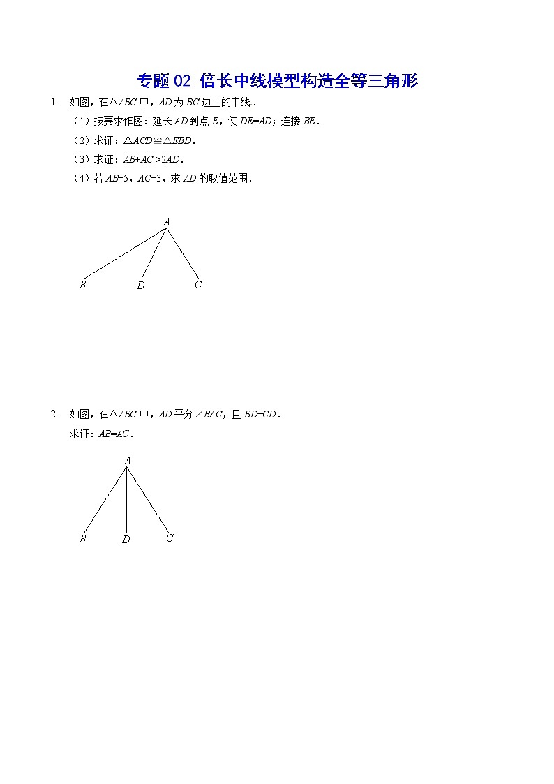 专题02 倍长中线模型构造全等三角形(提升训练)-2022年中考数学重难点专项突破(全国通用)01