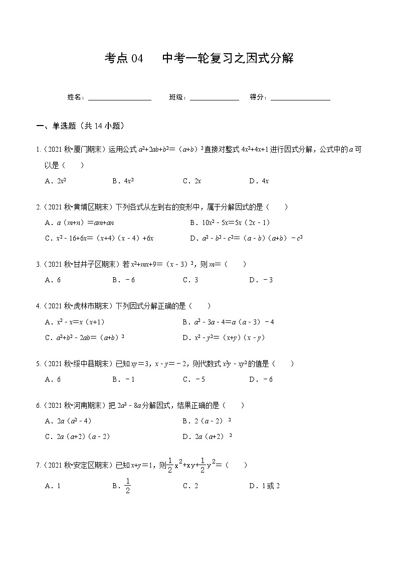 考点04 中考一轮复习之因式分解(原卷版)第1页