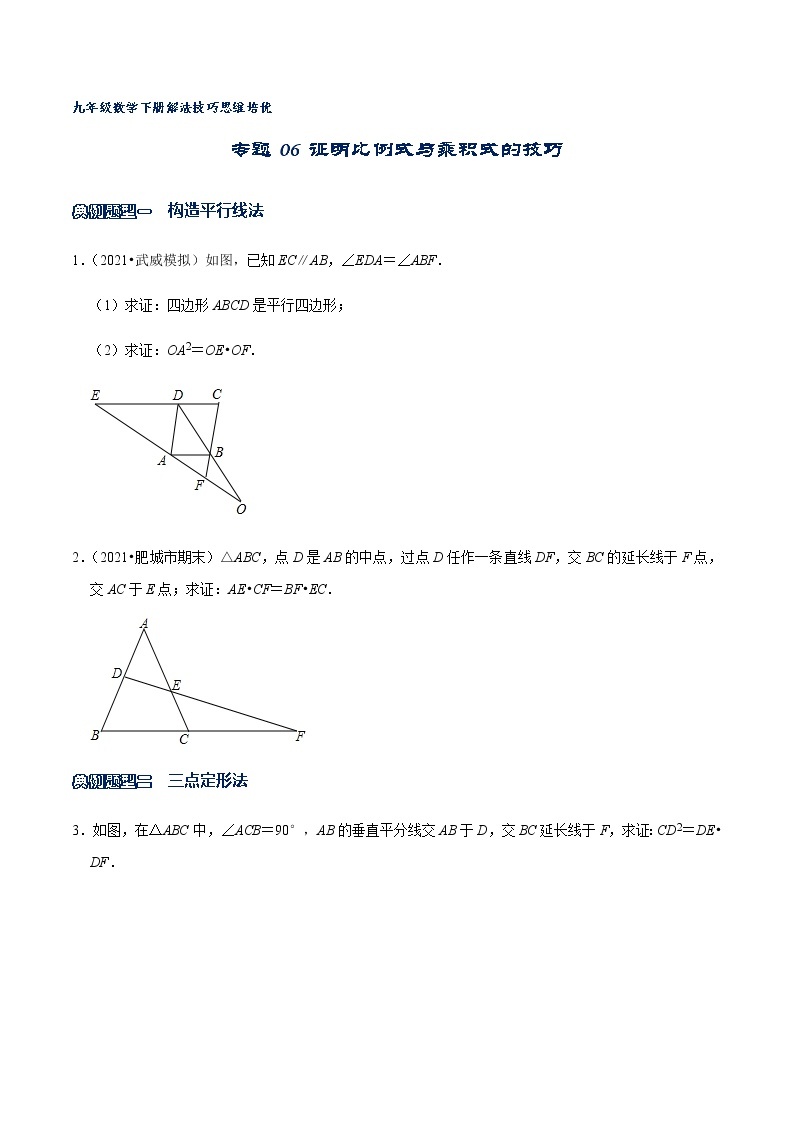 专题06 证明比例式与乘积式的技巧-2021-2022学年九年级数学下册解法技巧思维培优（人教版）01