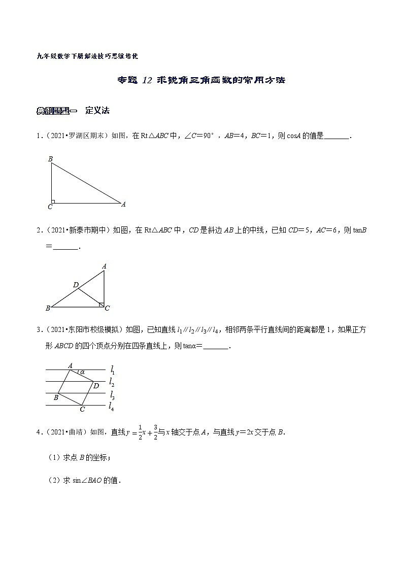 专题12 求锐角三角函数的常用方法(原卷版)第1页