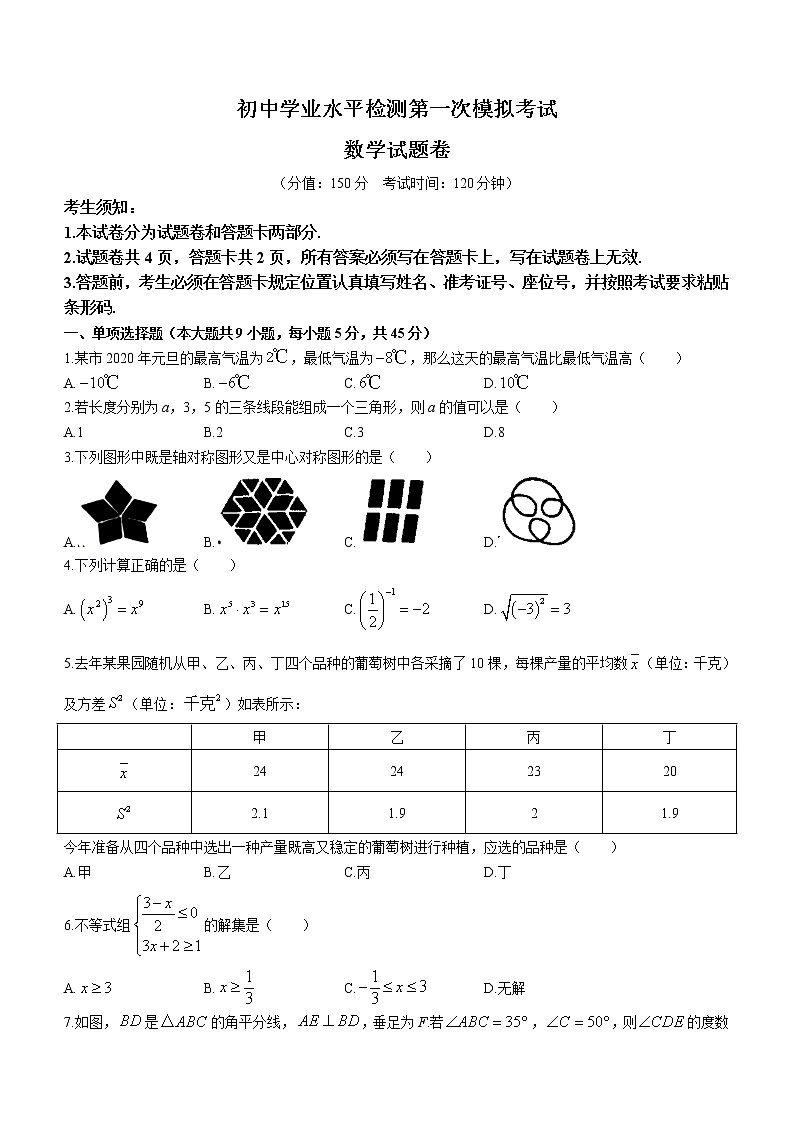 2022年新疆乌鲁木齐部分学校初中学业水平检测第一次模拟考试数学试题(word版无答案)第1页