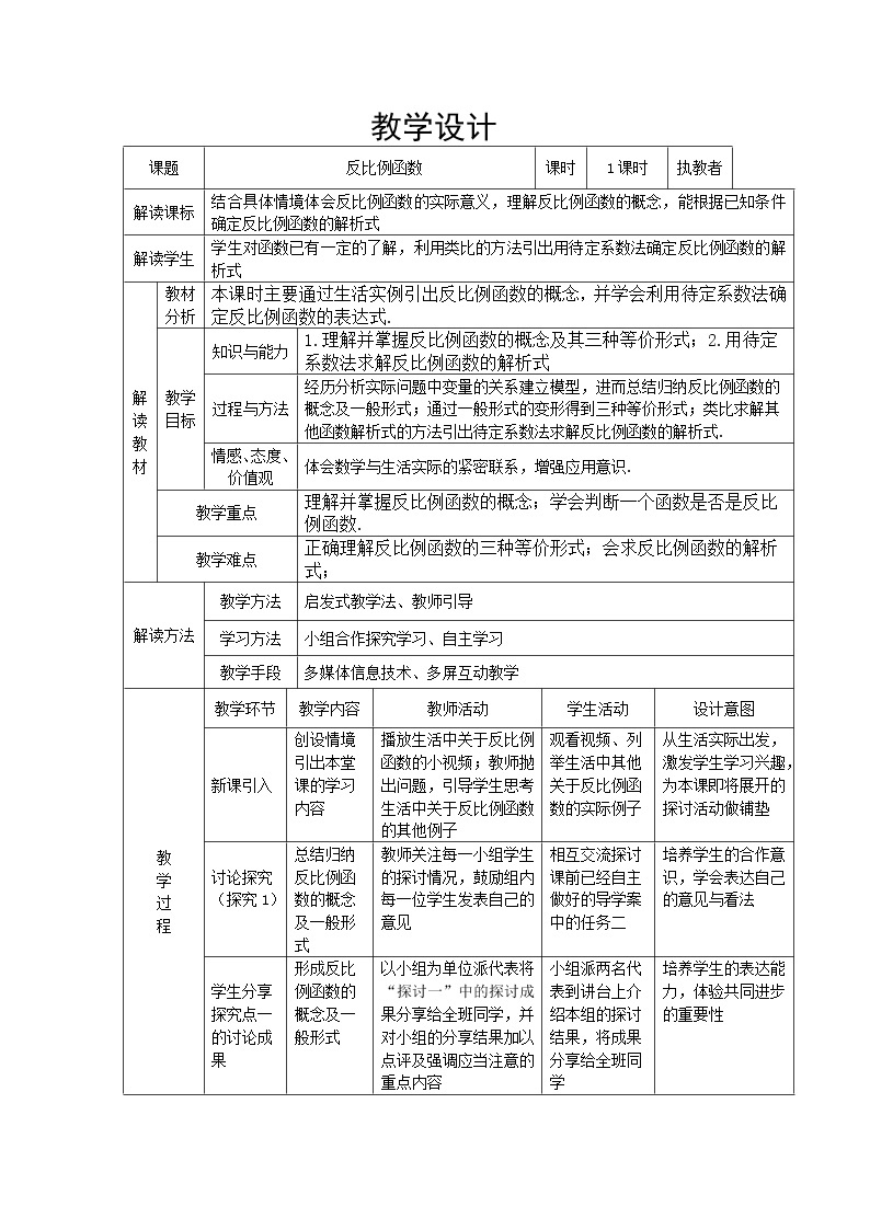 沪科版数学九年级上册 21.5 反比例函数及其图像画法(1)（教案）01