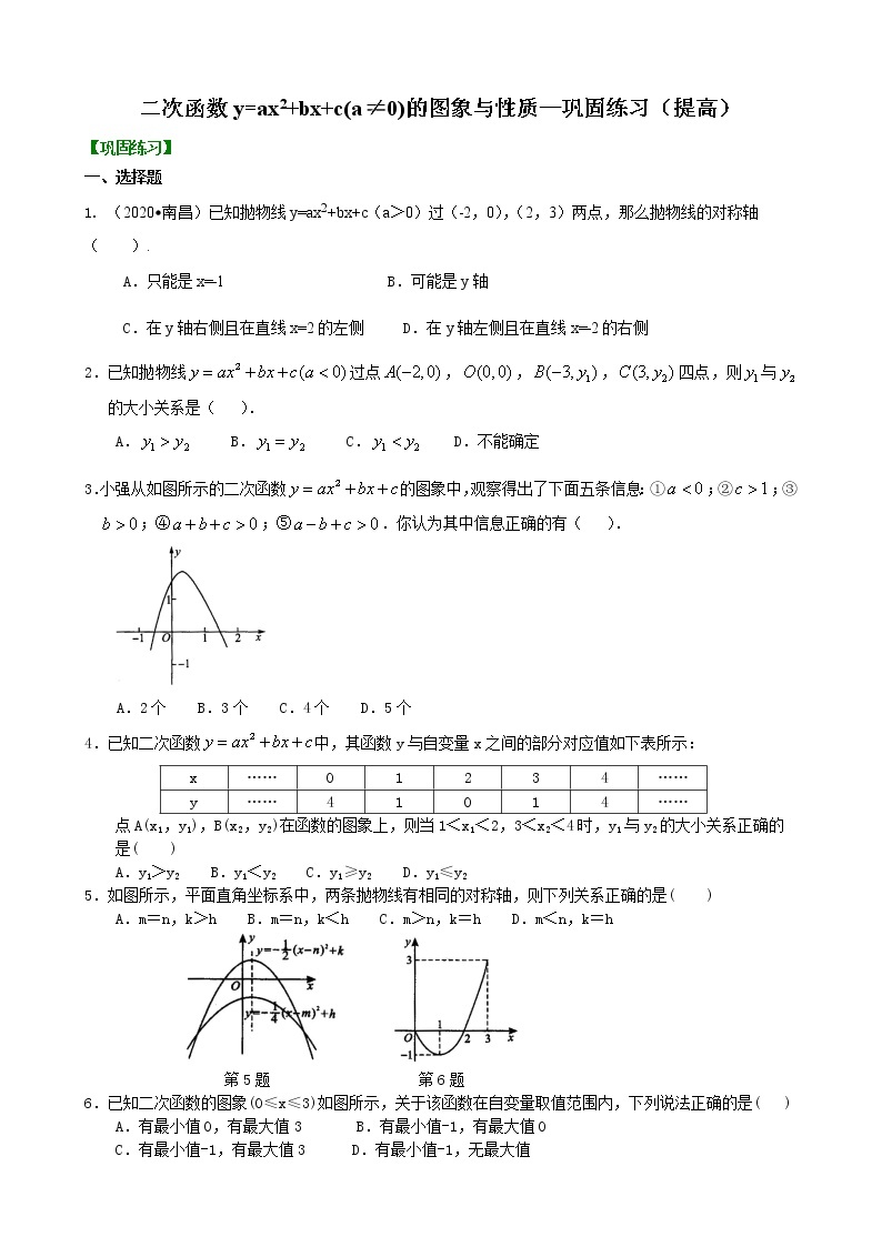 第14讲 二次函数y=ax^2＋bx＋c(a≠0)的图像与性质(提高)学案01