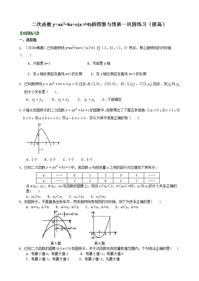 第14讲 二次函数y=ax^2+bx+c(a≠0)的图像与性质(提高)学案01