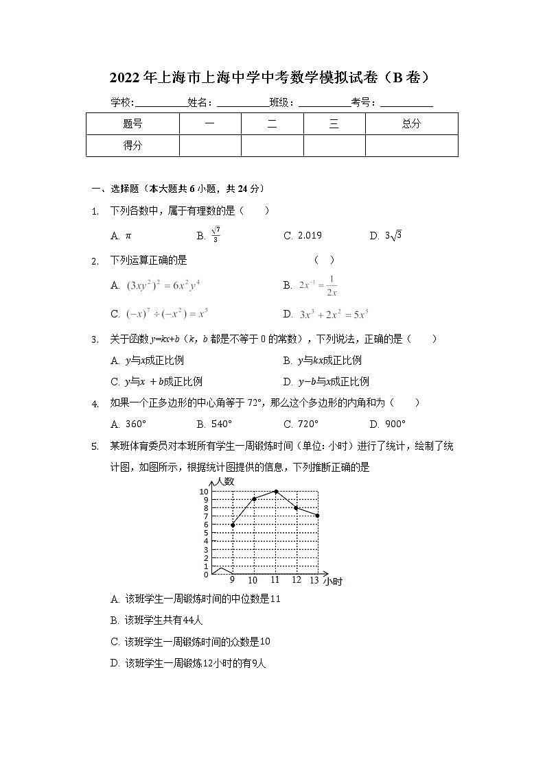 2022年上海市上海中学中考数学模拟试卷(B卷)(word版含答案)第1页