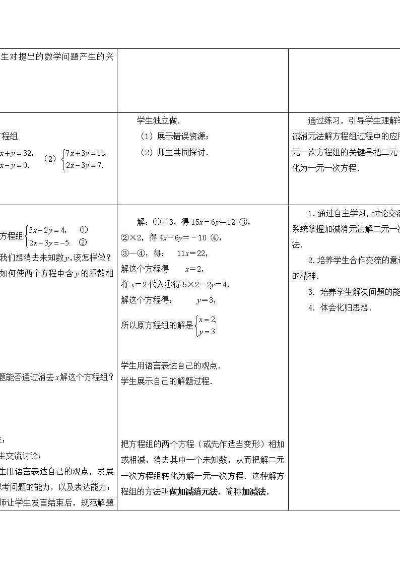 蘇科版七年級(jí)數(shù)學(xué)下冊(cè) 10.3 解二元一次方程組(3) 教案第2頁