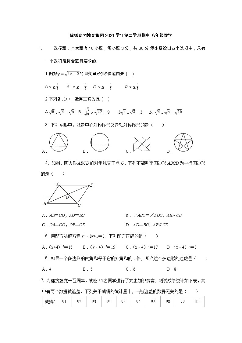 浙江省丽水市锦绣育才教育集团2021-2022学年八年级下学期期中数学试题(有答案)第1页