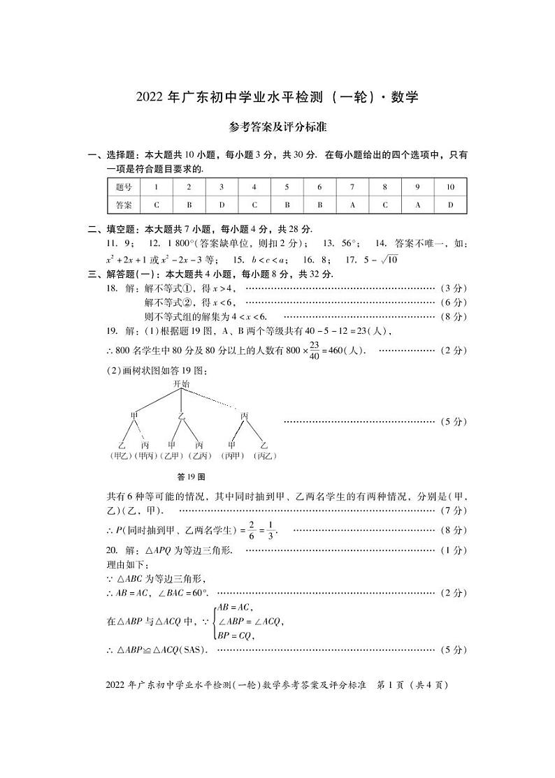 2022广东初中学业水平检测(一轮)数学——答案第1页