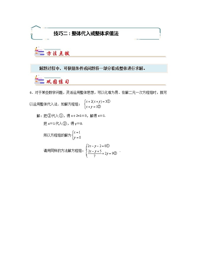 专题08 解二元一次方程组的常用技巧-【专题突破】2021-2022学年七年级数学下学期重难点及章节分类精品讲义(人教版) (原卷版)第2页