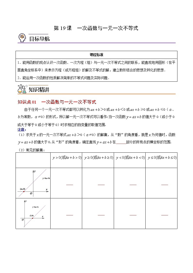 人教版八年级数学下册同步精品讲义 第19课 一次函数与一元一次不等式(教师版+学生版)学案01