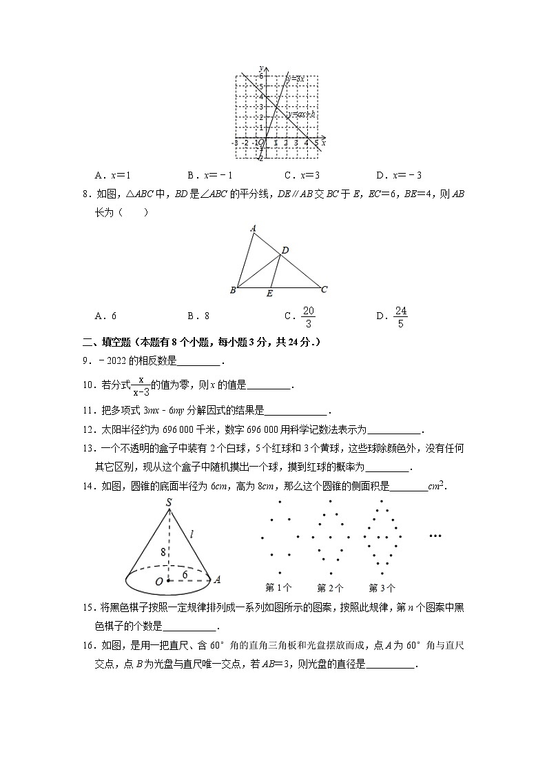 2022年湖南省湘潭县锦石中学初中学业水平年模拟(一)数学试题第2页